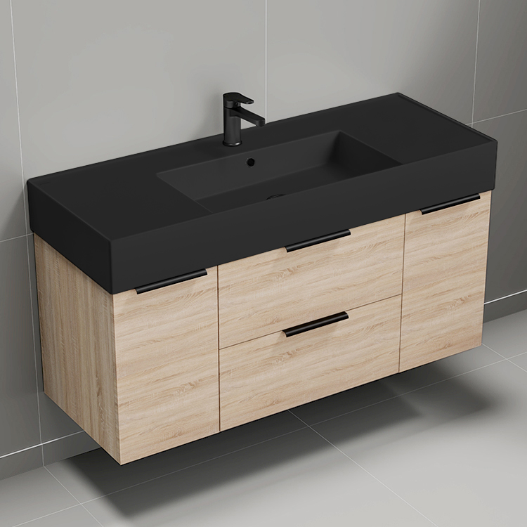 Nameeks DERIN662 48 Inch Bathroom Vanity With Black Sink, Floating, Brown Oak